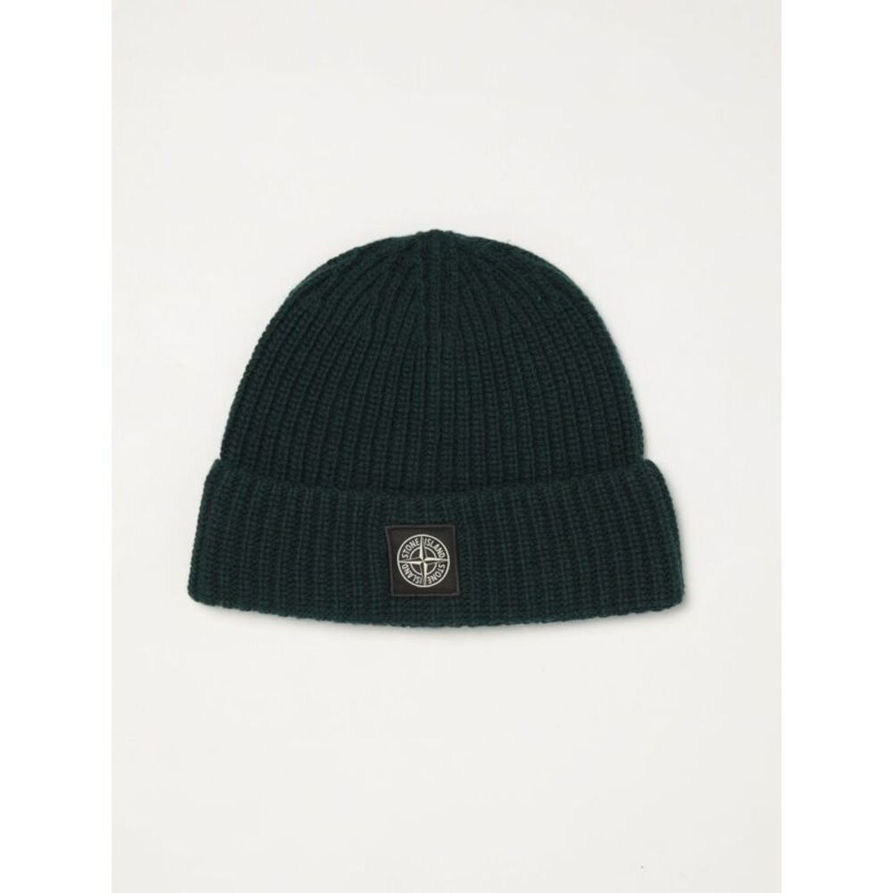 Stone Island Men Ribbed Virgin Wool Beanie Hat Stone Island With Compass Logo
